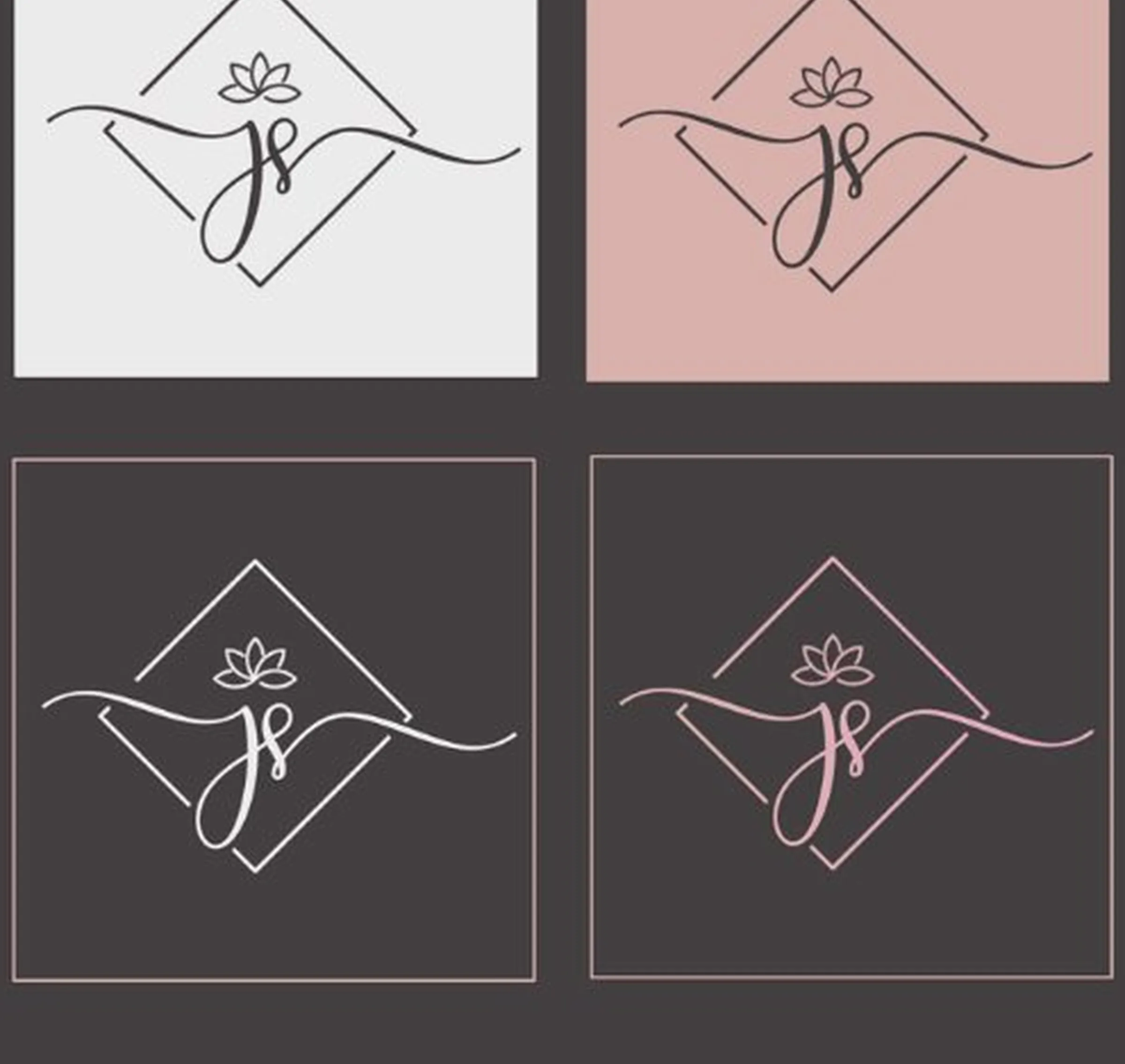 Julia Simpson logo suite: a lotus in a rhombus with a script JS monogram, shown in four colourways on light grey, blush and charcoal squares.