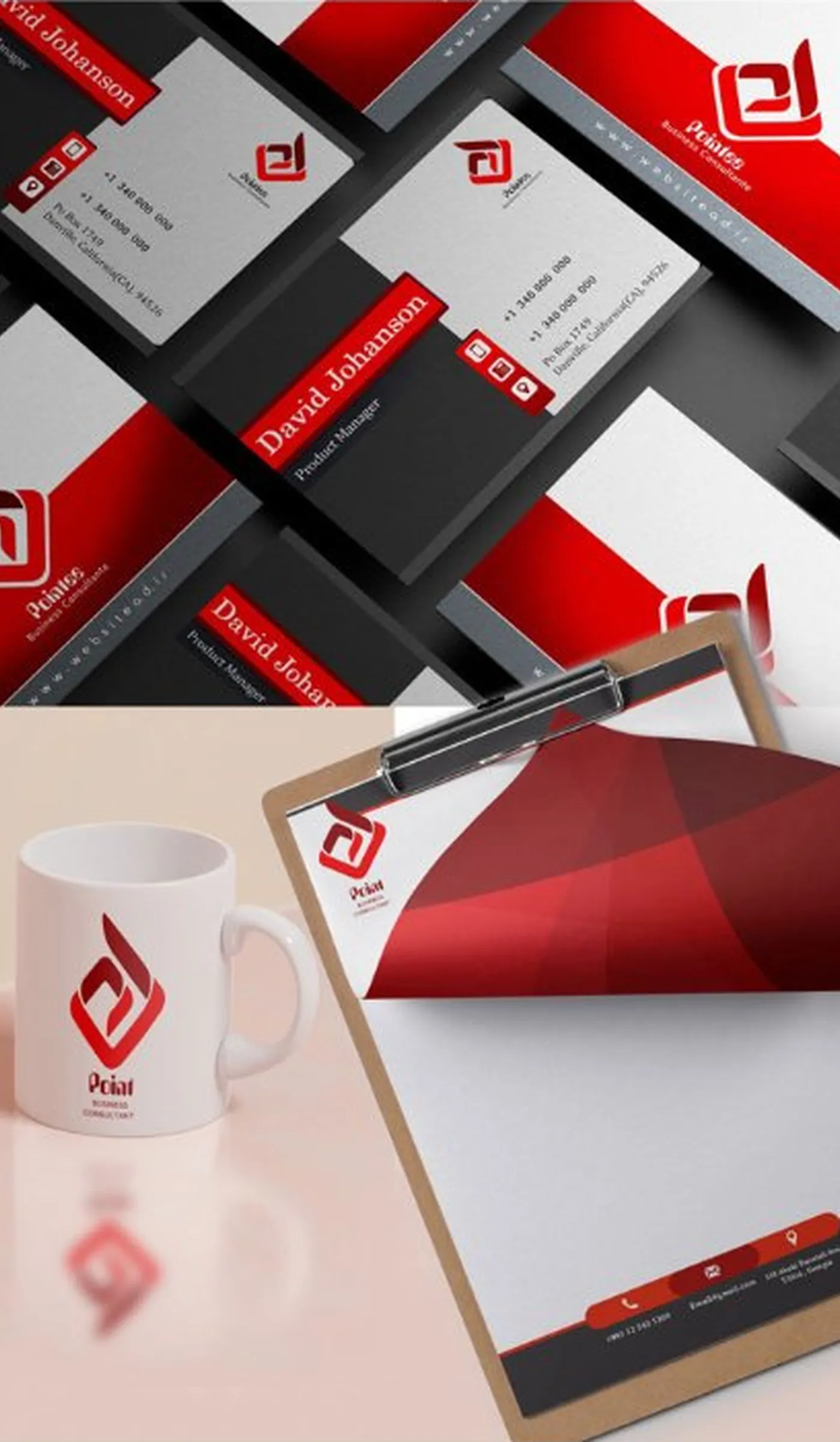 Point mark applied to black and red business cards, a white mug and a letterhead on a clipboard.