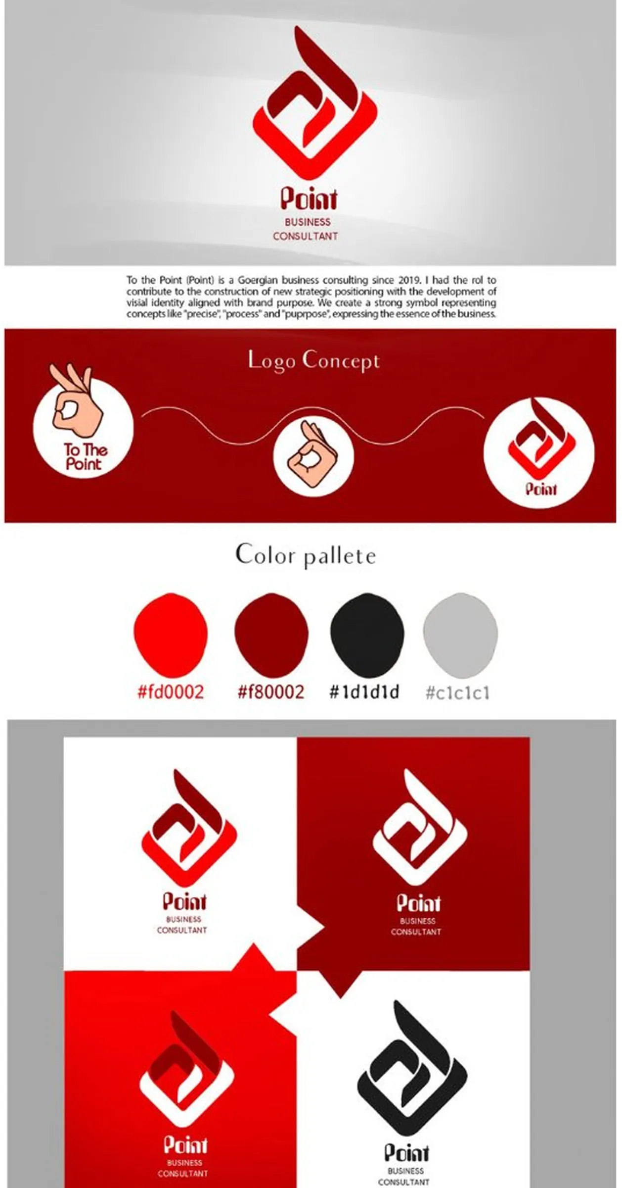 Point brand board: a red diamond-shaped mark above the words Point Business Consultant, a logo concept strip, a red, dark red, charcoal and grey colour palette, and the mark in four colour versions.