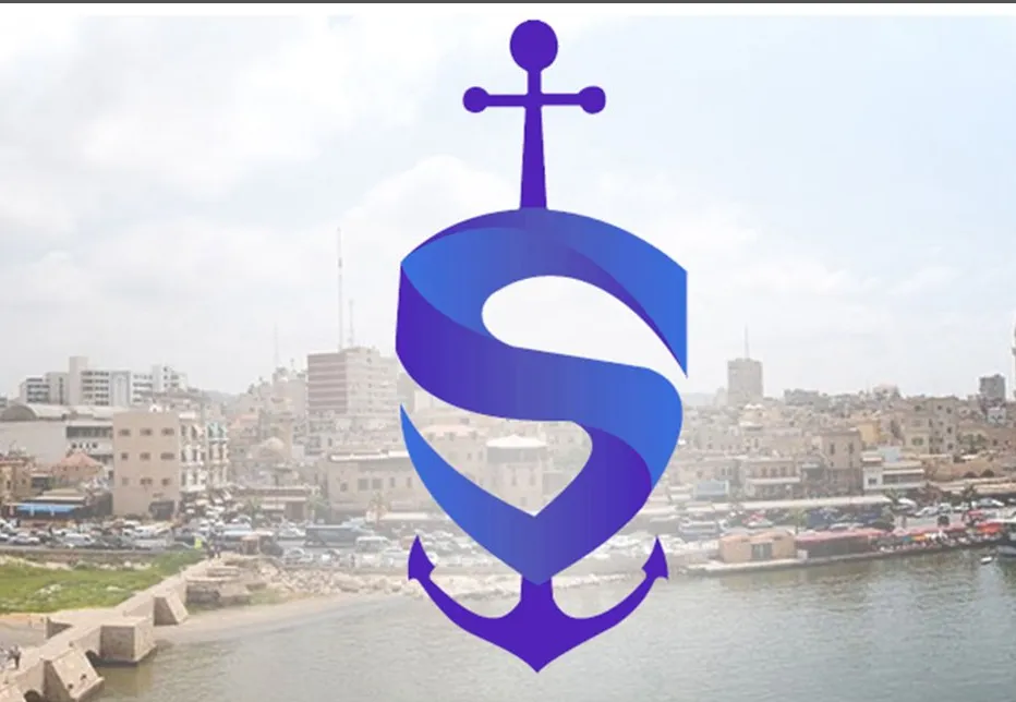 The Sidonian mark in blue and violet, an S with an anchor below and a cross above, over a photograph of a coastal city.