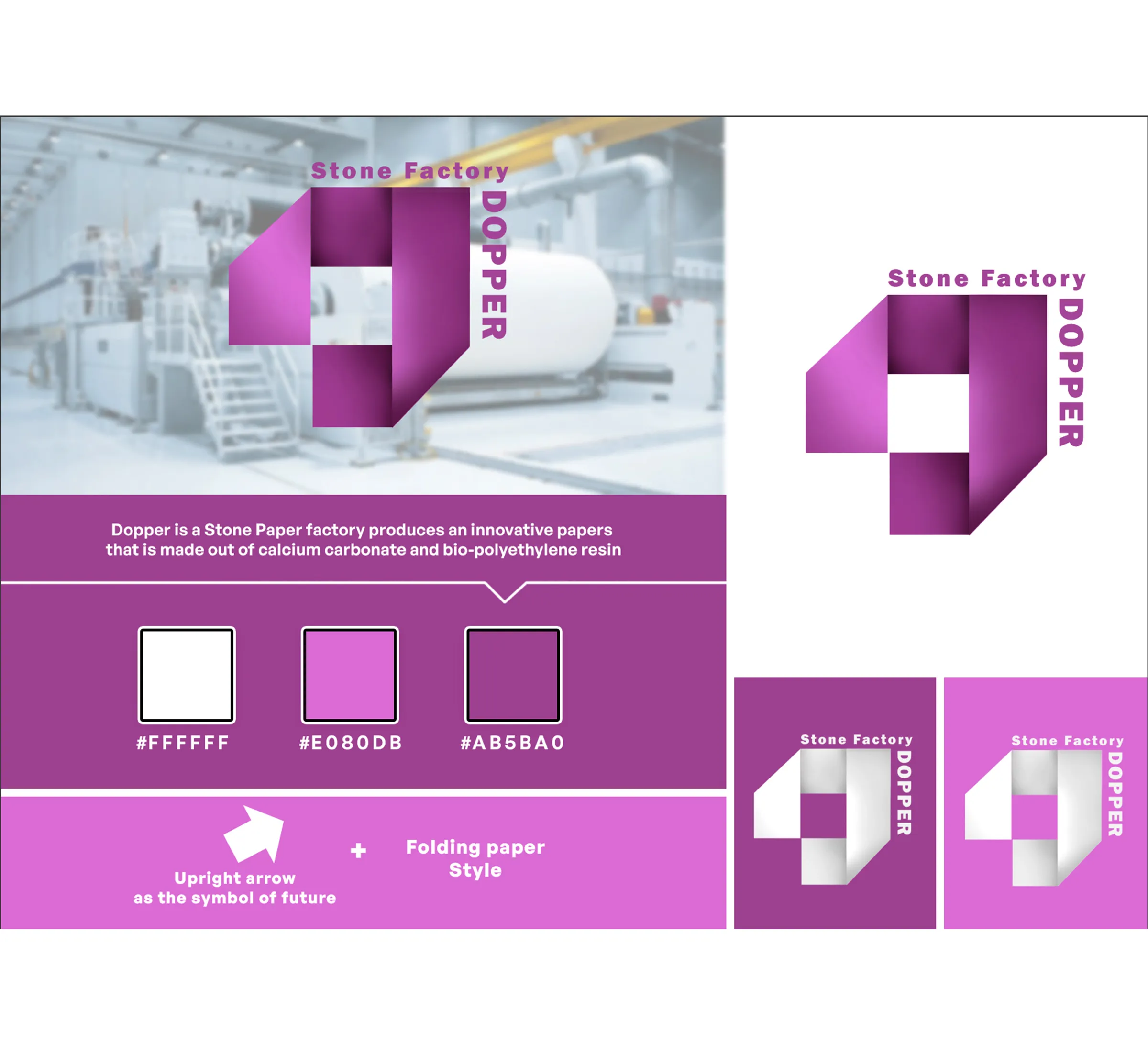 Dopper Stone Factory brand board: the folded-paper arrow mark over a paper-mill photograph, a palette of white, orchid and plum, and the mark in plum and white versions.