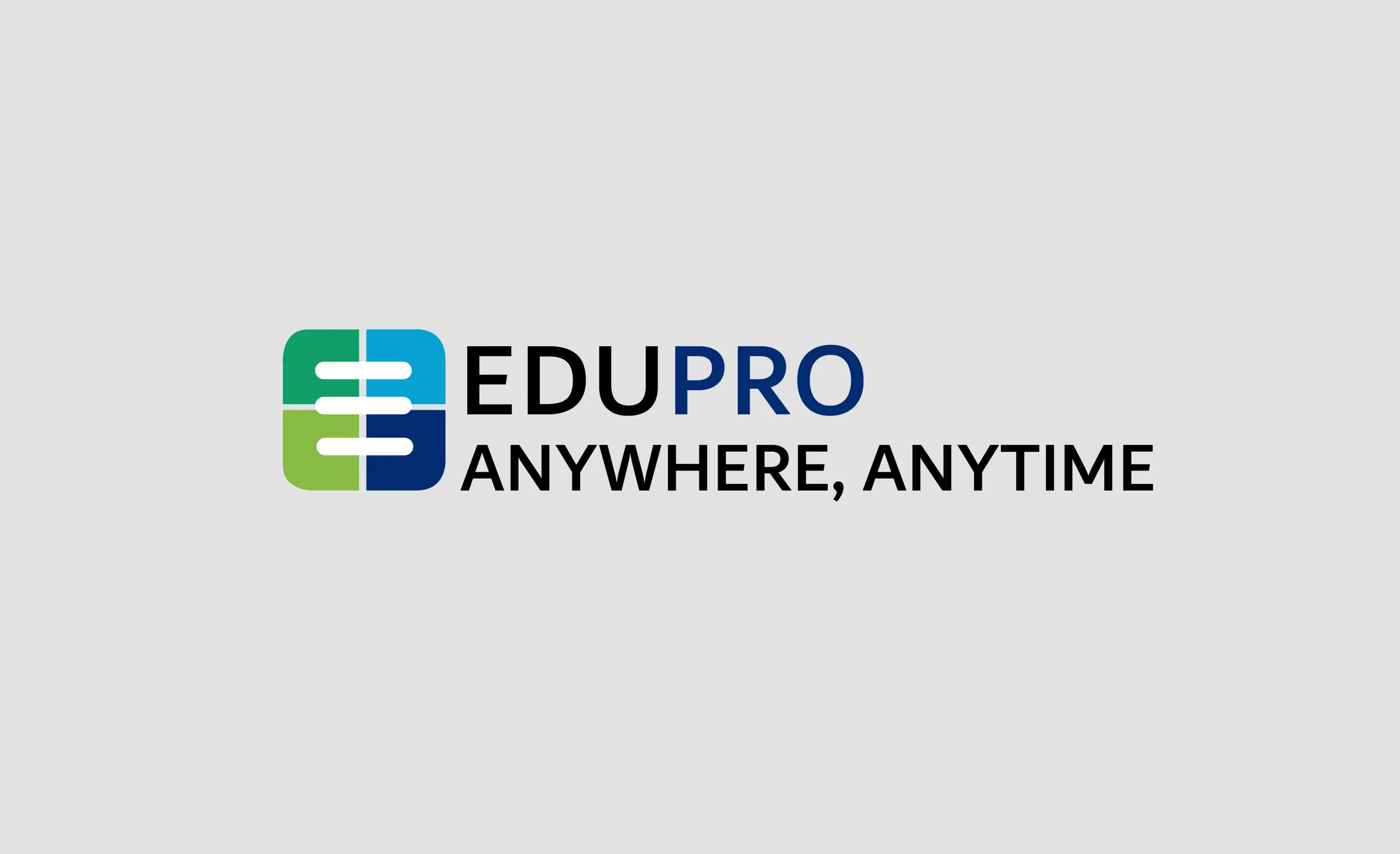 EduPro logo: interlocking green and blue blocks beside the navy wordmark EDUPRO and the line Anywhere, Anytime, on a light grey field.
