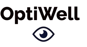 OptiWell wordmark in heavy rounded black type with a single outline eye in deep navy beneath it.