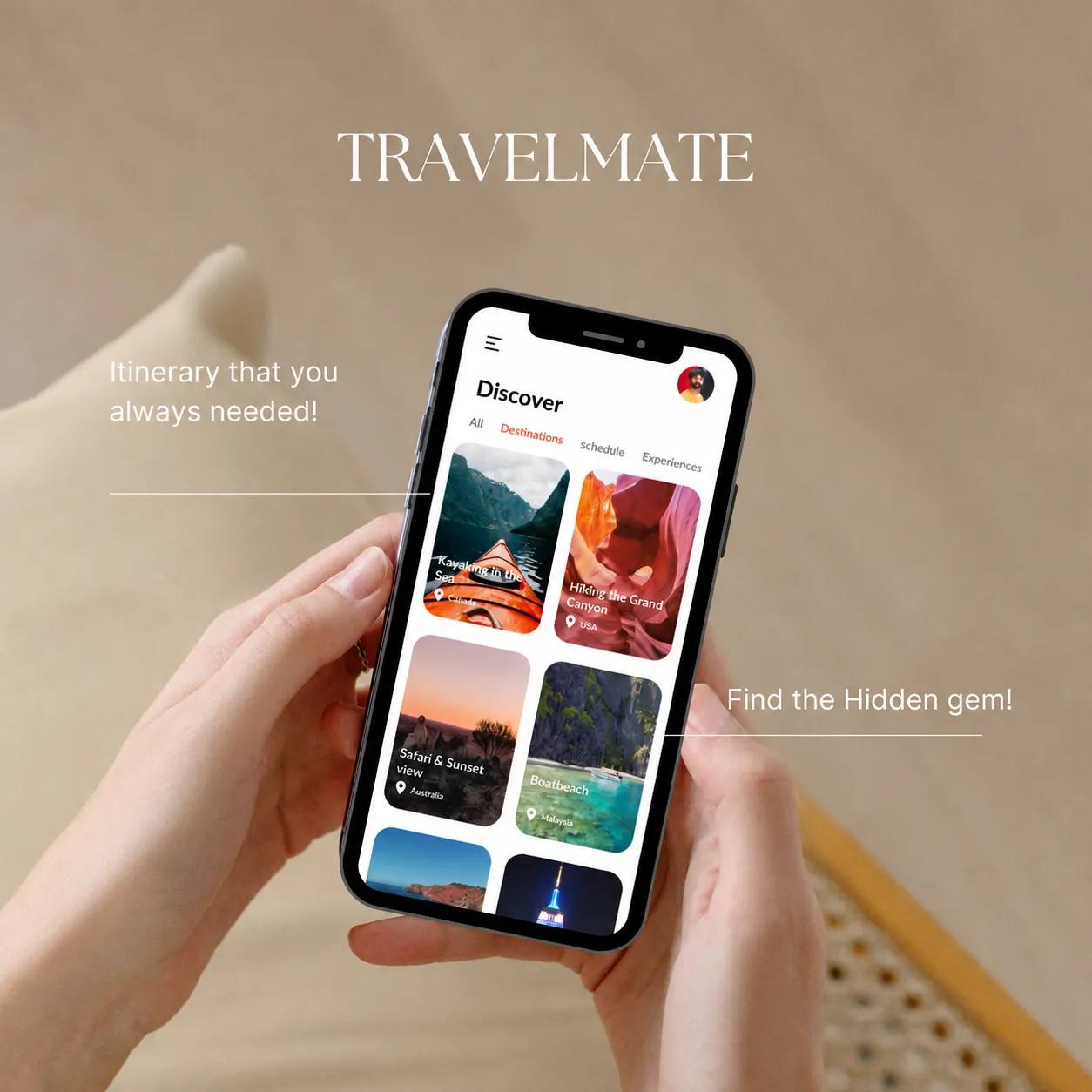 The TravelMate wordmark in a quiet serif above a hand holding a phone that shows a photo-led discovery screen, with the lines Itinerary that you always needed and Find the Hidden gem.