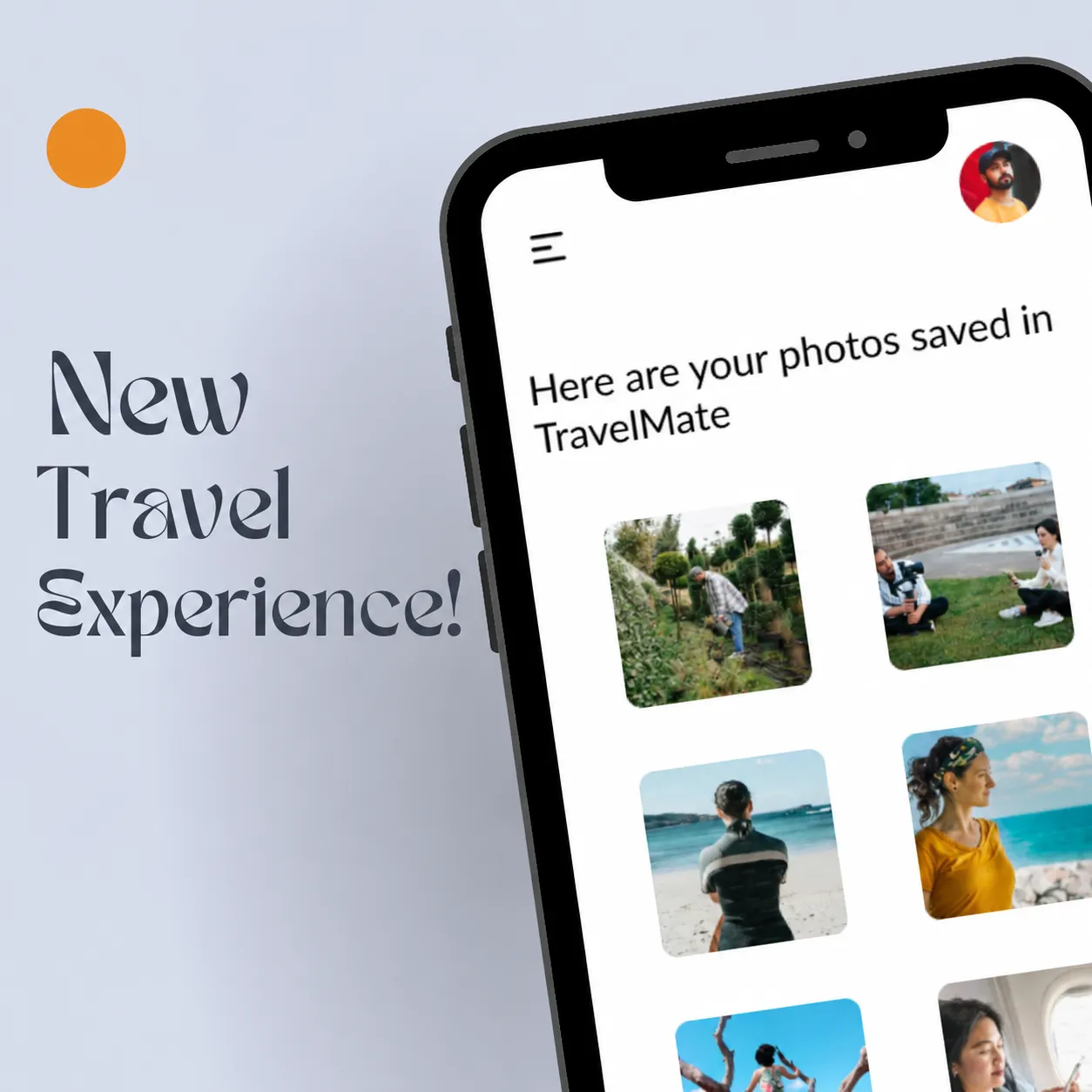 A phone showing a grid of saved travel photos, beside the words New Travel Experience.