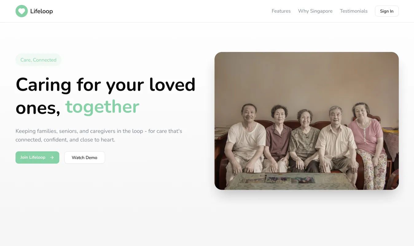 Lifeloop web app home page: the headline Caring for your loved ones, together, a short description with two buttons, and a photograph of several older people seated on a sofa.