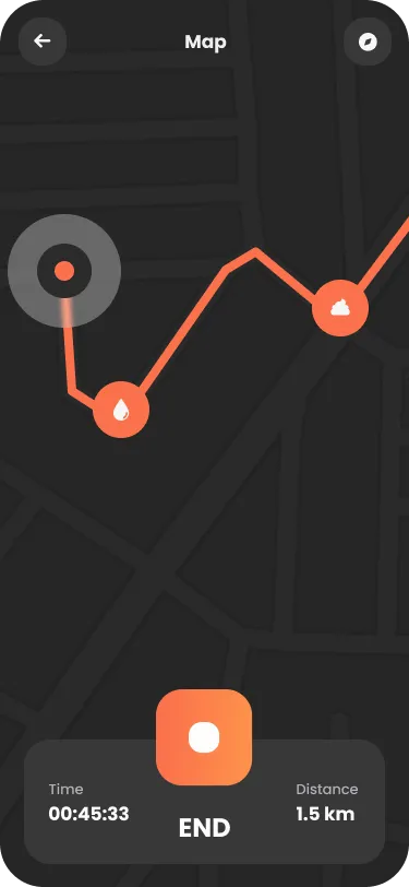 Walk Dog Map screen: a dark map with an orange route line and an End button showing time and distance.